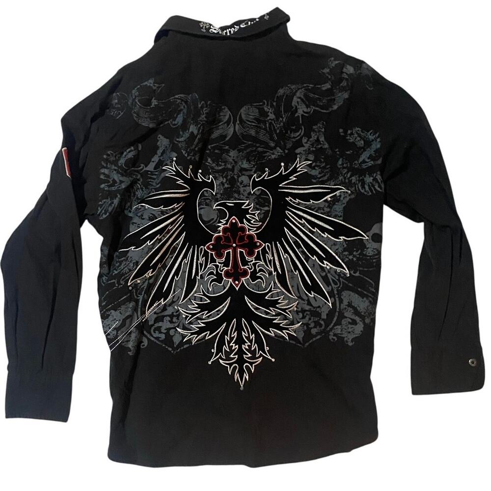 Y2K Sacred Cult Grunge Style Rhinestone Button Down Shirt Size Large